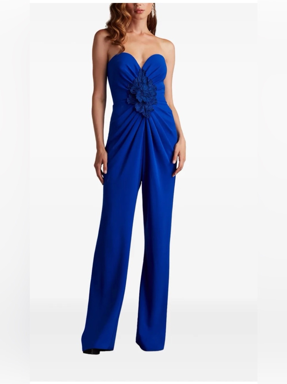 Tadashi Shoji strapless flower-embellished jumpsuit BlueB BOS25324Y NWT